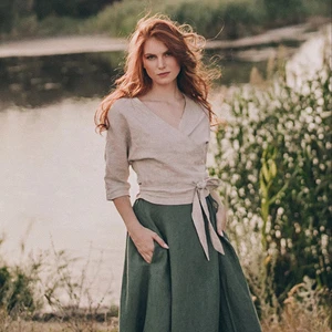 Classic Reversible Linen Appliques Top Wrap Blouse Cropped Vintage Shirt Tie Waist Long Sleeves Natural Plus Size Eco-Friendly