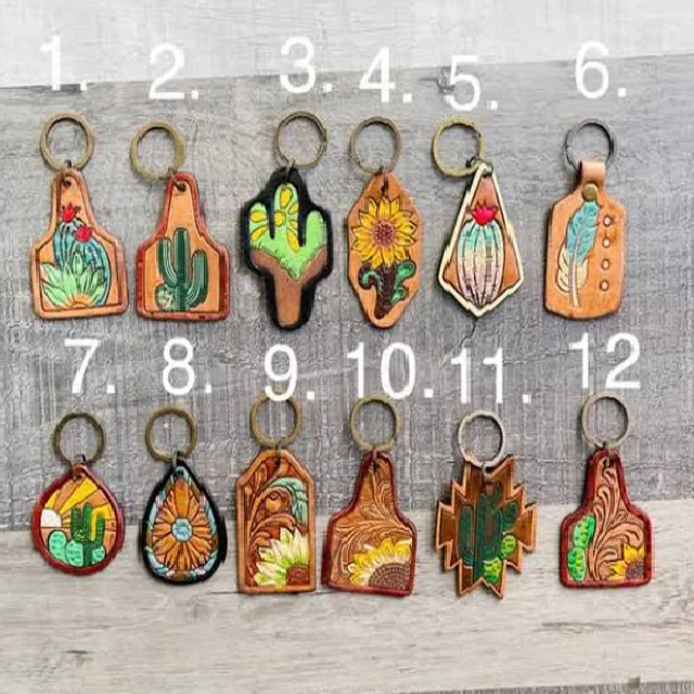 Wholesale Western Tooled Leather Keychain With Cowgirl Wild West Patterns And Aztec Accents