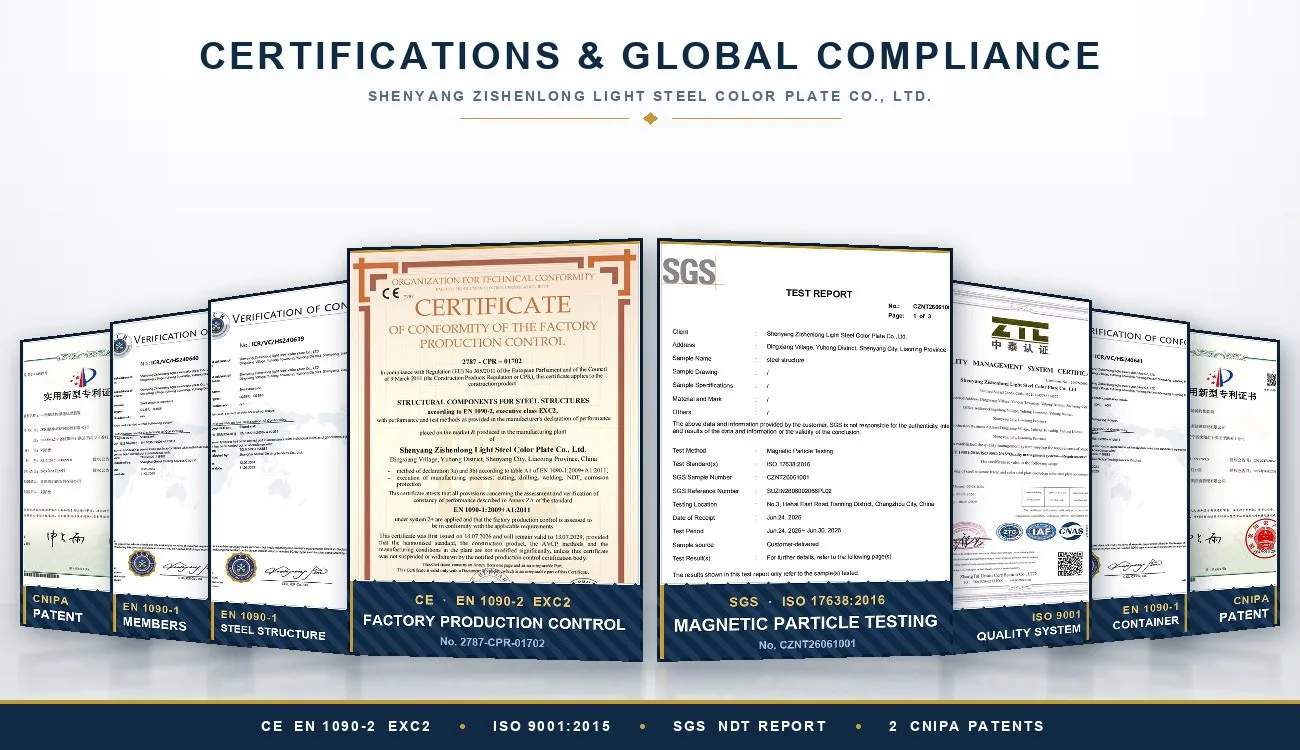 product-1-1 ZSL certifications and global compliance: CE EN 1090-2 EXC2, ISO 9001, SGS NDT report and CNIPA patents