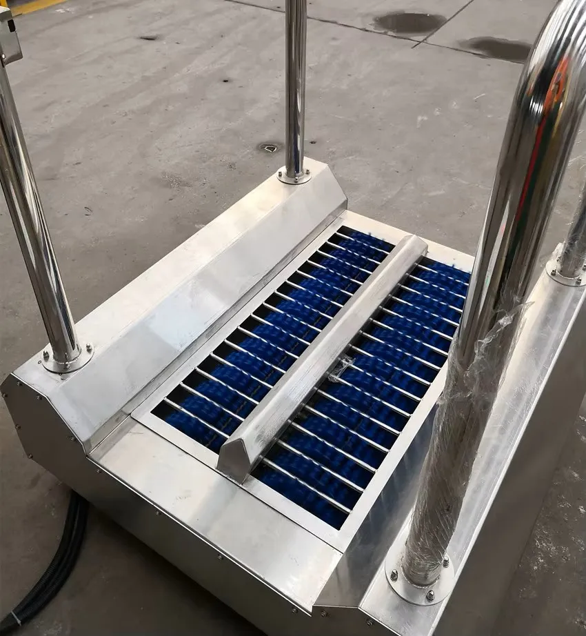 Industrial stainless steel boot cleaner for hygiene control in slaughterhouses and food processing plants