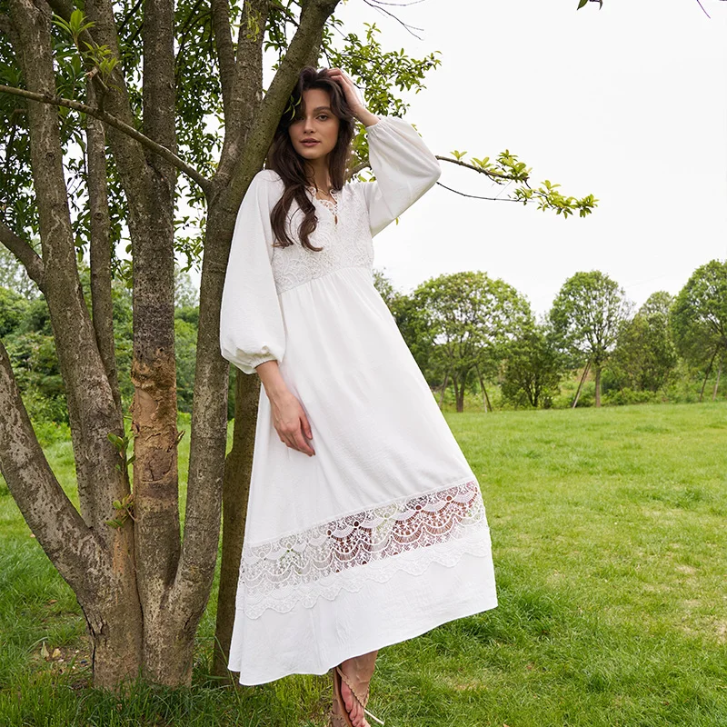 2026 Long Sleeve V Neck Lace Boho Flowy Fall Maxi White Graduation Party  Dresses for Ladies Women Elegant| Alibaba.com