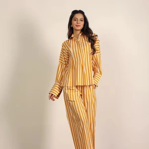 Yellow And White Textile Print Two Piece Set Smart Stripes Work Wear Shirt And Wide Leg Casual Striped Printed Cotton Co-ord Set