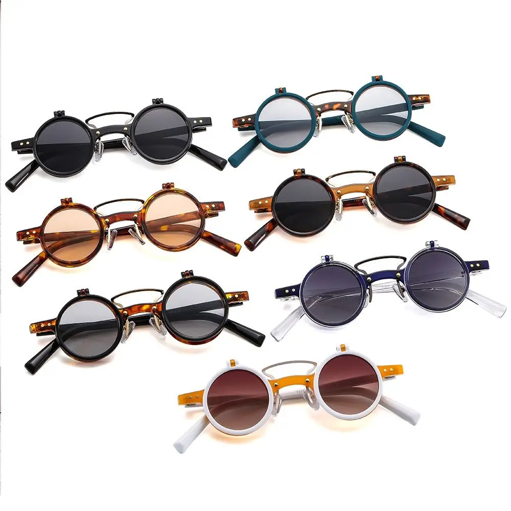 Custom Logo Retro Unisex Double-layer Flip Lens Punk Round Sun Glasses  UV400 Small Frame Steampunk Flip up Sunglasses Men Women