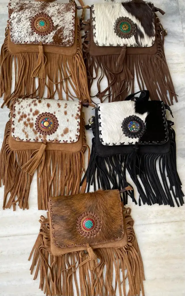 Source New Western Style Hair On Hide Fur Suede Leather Fringe Bag High  Quality Boho Women Leather Shoulder Bag With Turquoise Stone on  m.