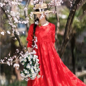 Women's Dress Casual Linen With Pockets Round Neck Dress Gift for Mother Casual Loose Plus Size Clothing Available Big Size