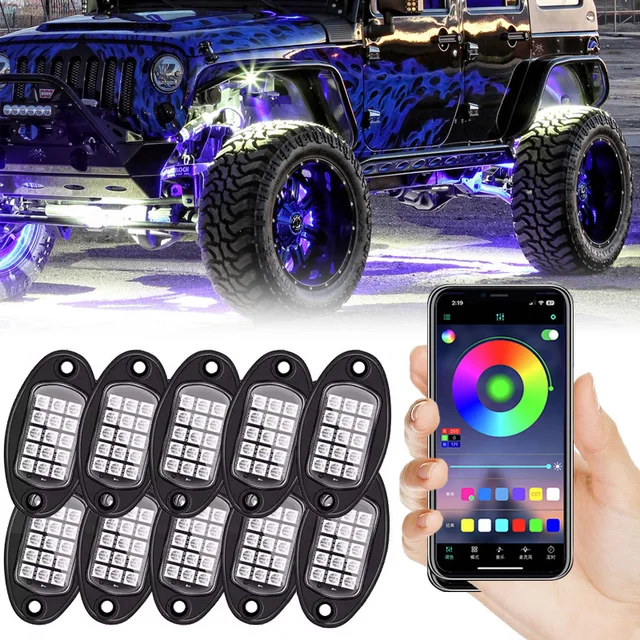 15 Leds Rock Lights RGB Underglow 10 Pods Light Chassis Neon Ambient Atmosphere Lights For Jeep Off-Road Truck Boat