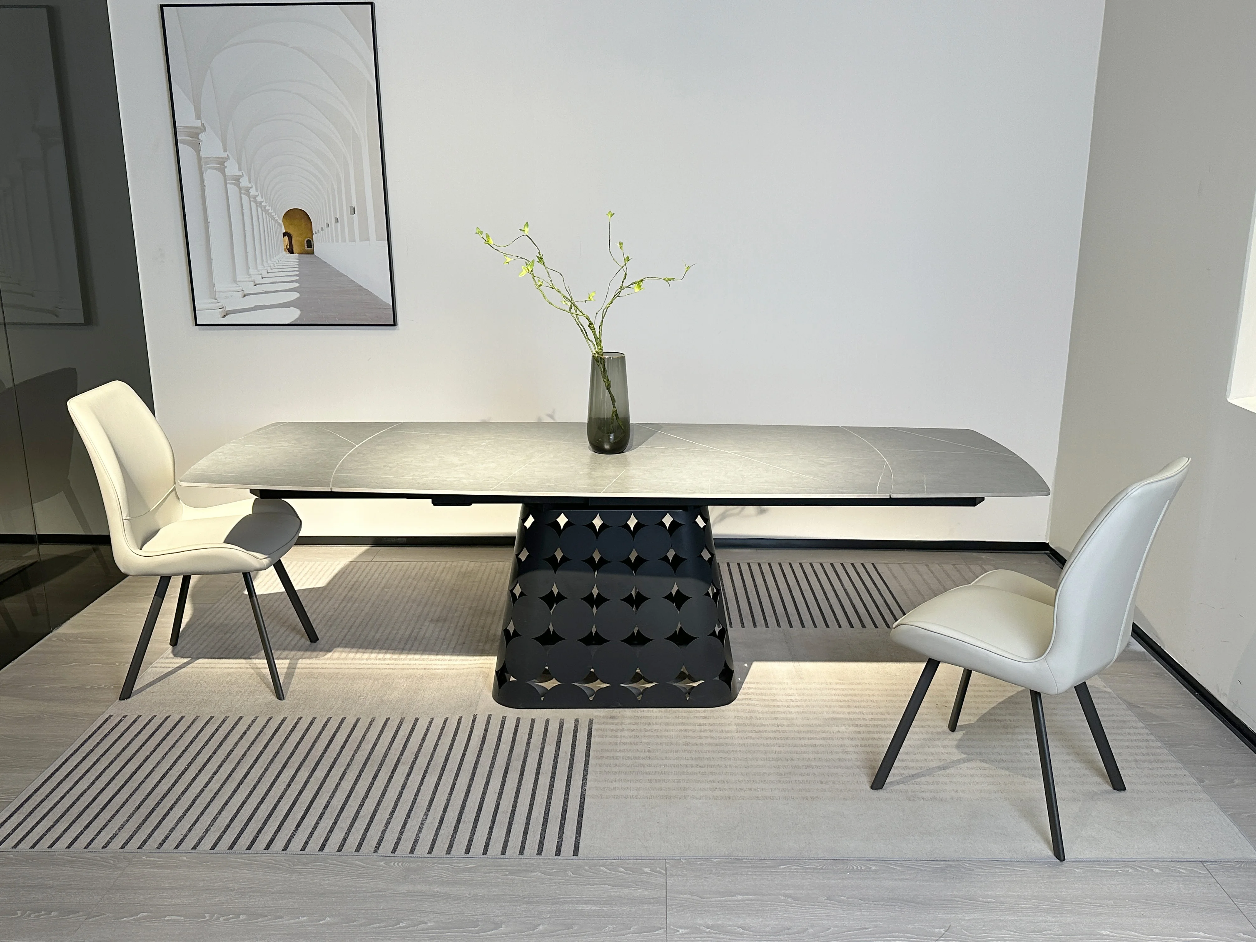 Modern Multifunctional Extendable Dining Table With Slate Stone Sintered Marble Top Cone Pedestal Metal Base for Hotel Bar Use