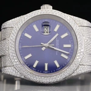 Beautiful Blue Dial White Moissanite Stainless Steel Luxury Watch Hip Hop Iced Bust Sterling Silver Fashion Business Mechanical