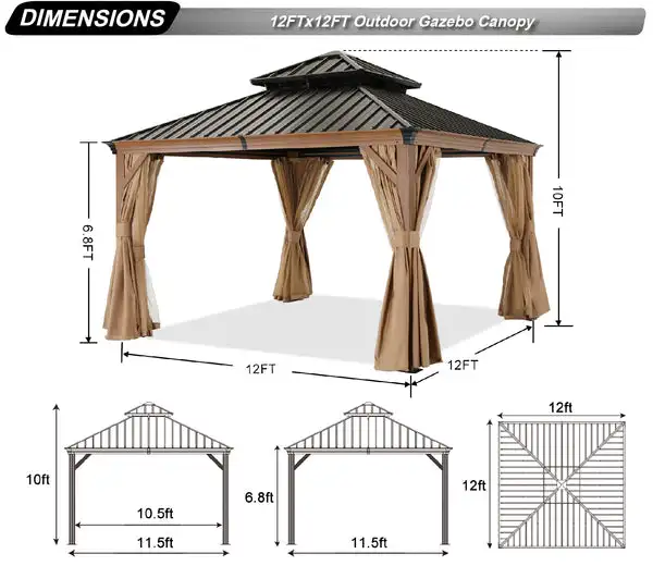 12x12 12x16 12x20 Outdoor Courtyard Gazebo Hard Top With Mosquito Net