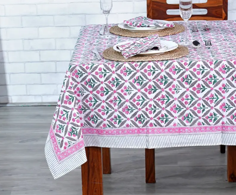 Pink And White Hand Block Print Tablecloth Table Cover India Cotton Table Linen Custom
