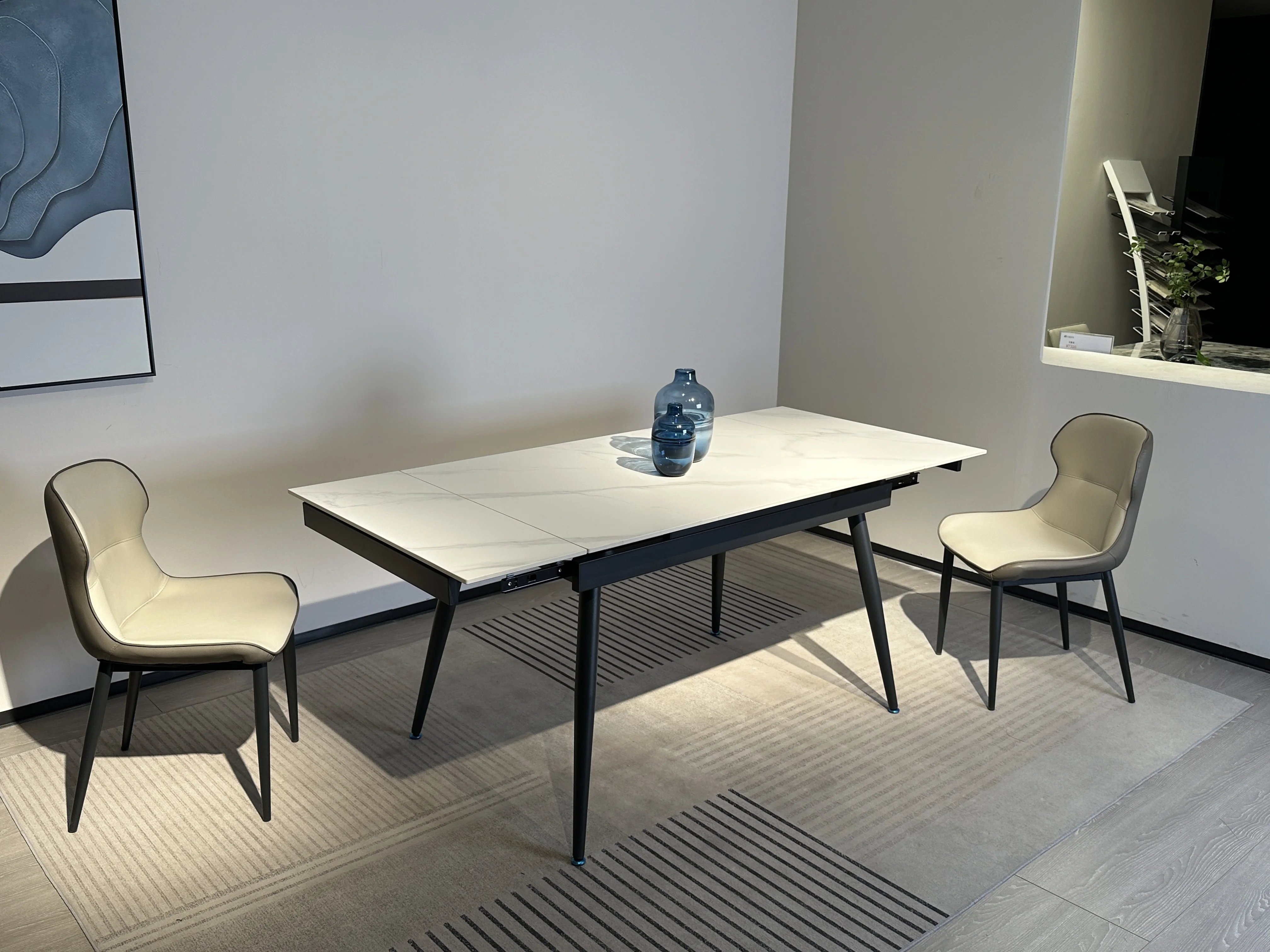 Modern Multifunctional Extendable Dining Table With Slate Stone Sintered Marble Top Cone Pedestal Metal Base for Hotel Bar Use