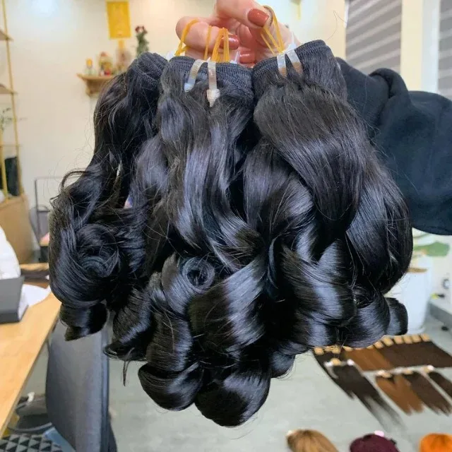 Raw Vietnamese Human Hair Best Quality Super Double Drawn Bouncy Curly Hair Weft Bundles Natural Color