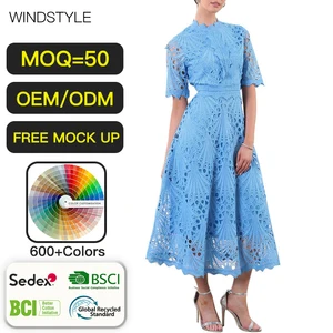 OEM/ODM Royal Blue Dress Lace Embroidered Long Dresses Waist Short Sleeve High Feeling Dress Women for Party Dresses