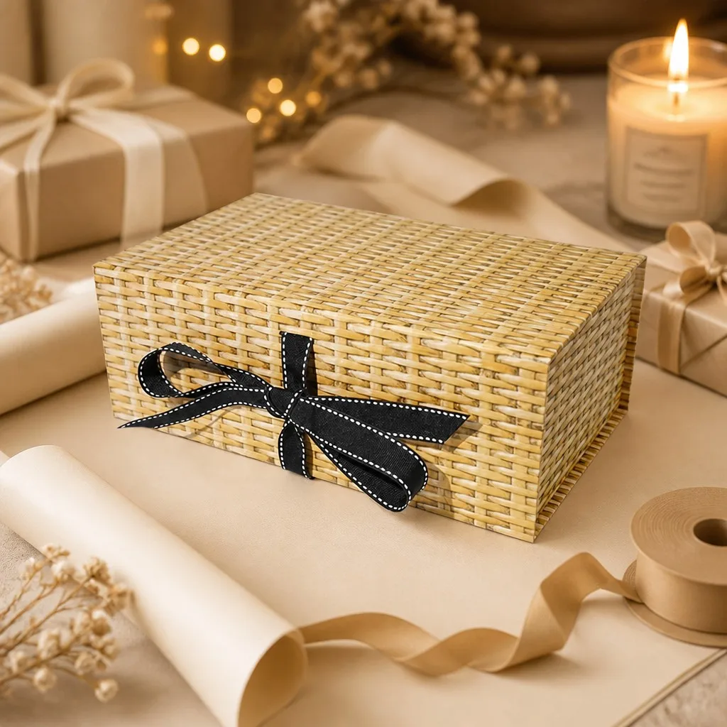 Custom Folding Gift Box with Woven Rattan Texture and Black Ribbon Bow Flat Pack Design for Gift Packaging Wholesale Supplier