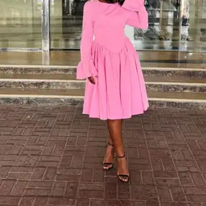 2026 European American Women's Elegant A-Shaped Midi Length Dress Long Sleeve High Waist Neck Strap Tether Solid Spring New