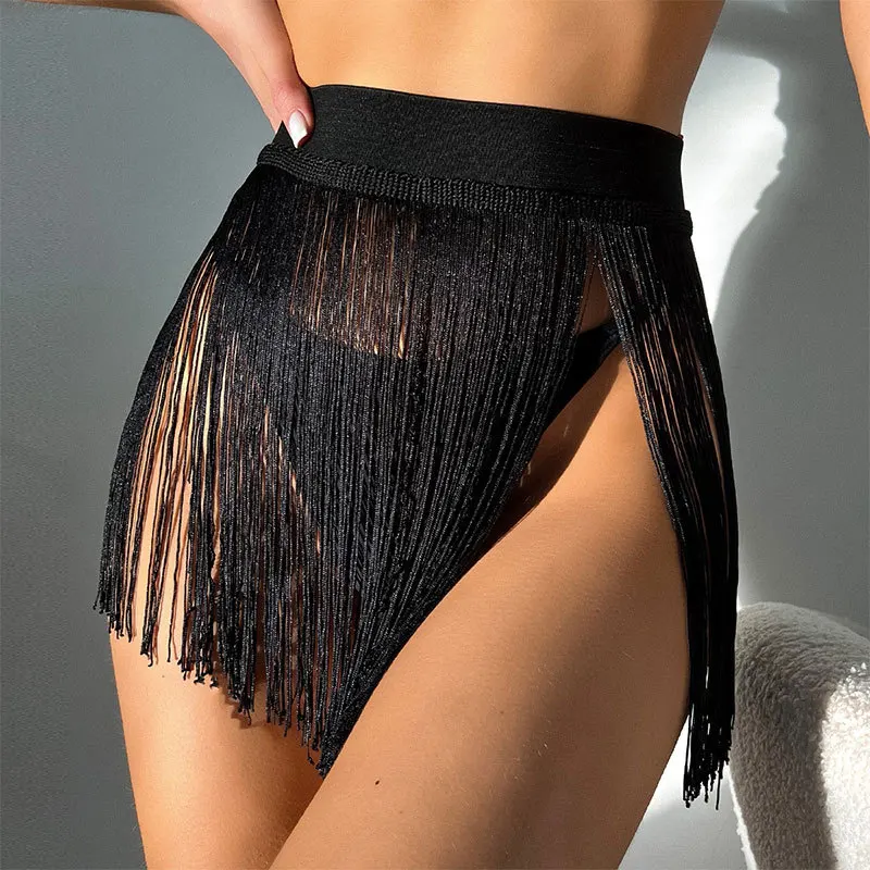 PASUXI 2023 New Trend Solid Fringed Skirt Beach Wear Crochet Beach Short Dress Resort Bikini Cover Swim Bottom Skirt