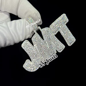 Sterling Silver VVS Emerald-Cut Moissanite Custom JMT Iced Out Name Hip Hop Pendant with 13MM Cuban Link Chain