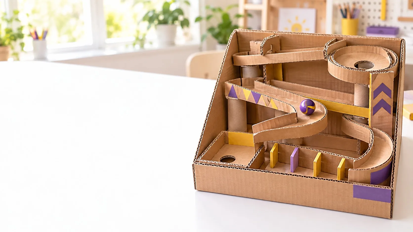 Cardboard marble run with ramps and curves