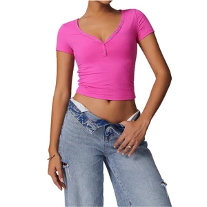 Women Sexy V-Neck Super Stretchy Sports T-shirt Slim Fit Quick Dry Yoga Tops with Buckles Outdoor Workout Activewear