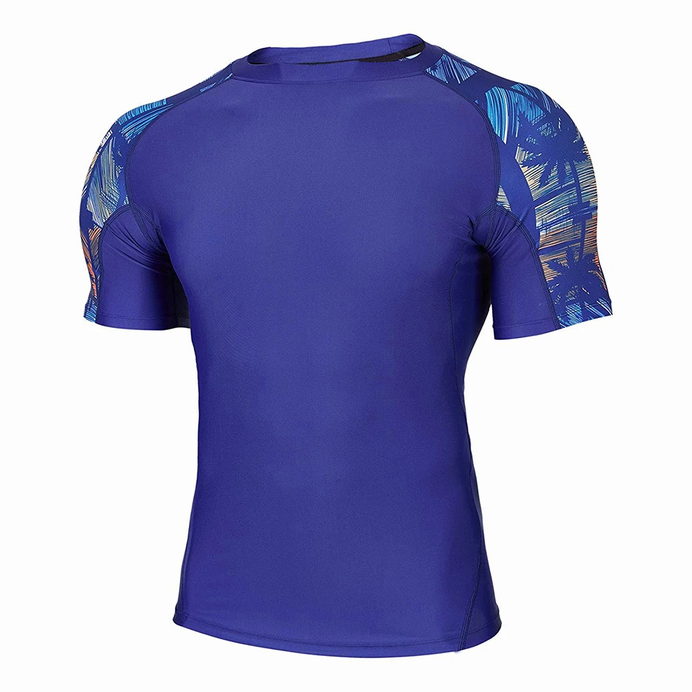 Polyester Spandex Made Rash Guards For Men's Blue Color Sublimated Short Sleeves With Private