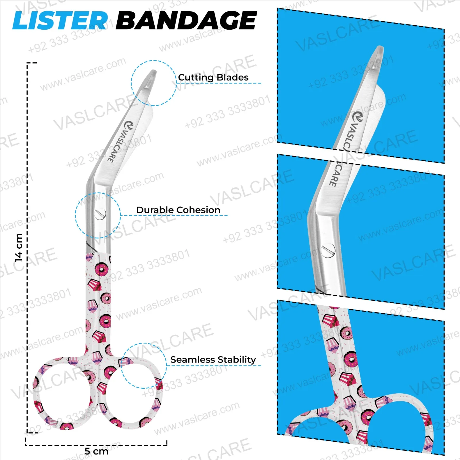 Donuts Pattern Handle Stainless Steel Bandage Scissors Blunt Tips Sharp Cutting Edge Angled Blades Manual CE Certified Medical