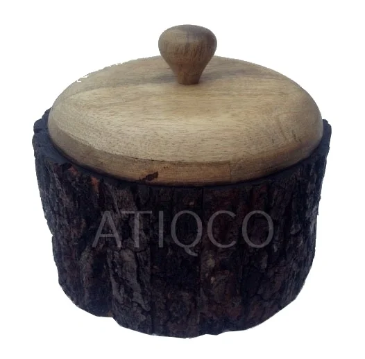 Hot Selling High Quality Smart Wooden Box Natural Bark Mango Wood With Lid Round Shape Lacquered Ethnic Design | Vintage Look