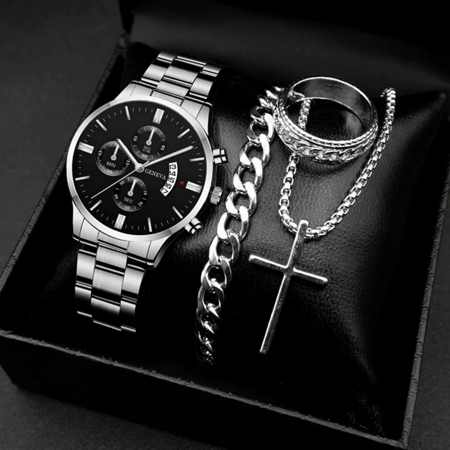 Wholesale Men's Quartz Watch Set with Stainless Steel Bracelet and Pendant Necklace  Fashion Business Style Watch