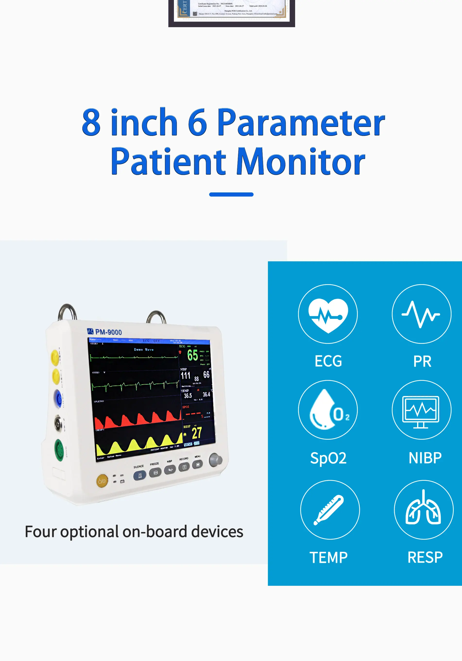 Class II Instrument Multi Parameter Patient Monitor with 1-7 Level Audio/Visual Alarming and 400 Groups NIBP List