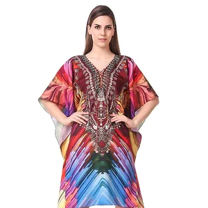 Indian Handmade Turkey Evening Dresses V-neck Short Sleeve Embroidery Abaya Kaftan Muslim Dress for Women