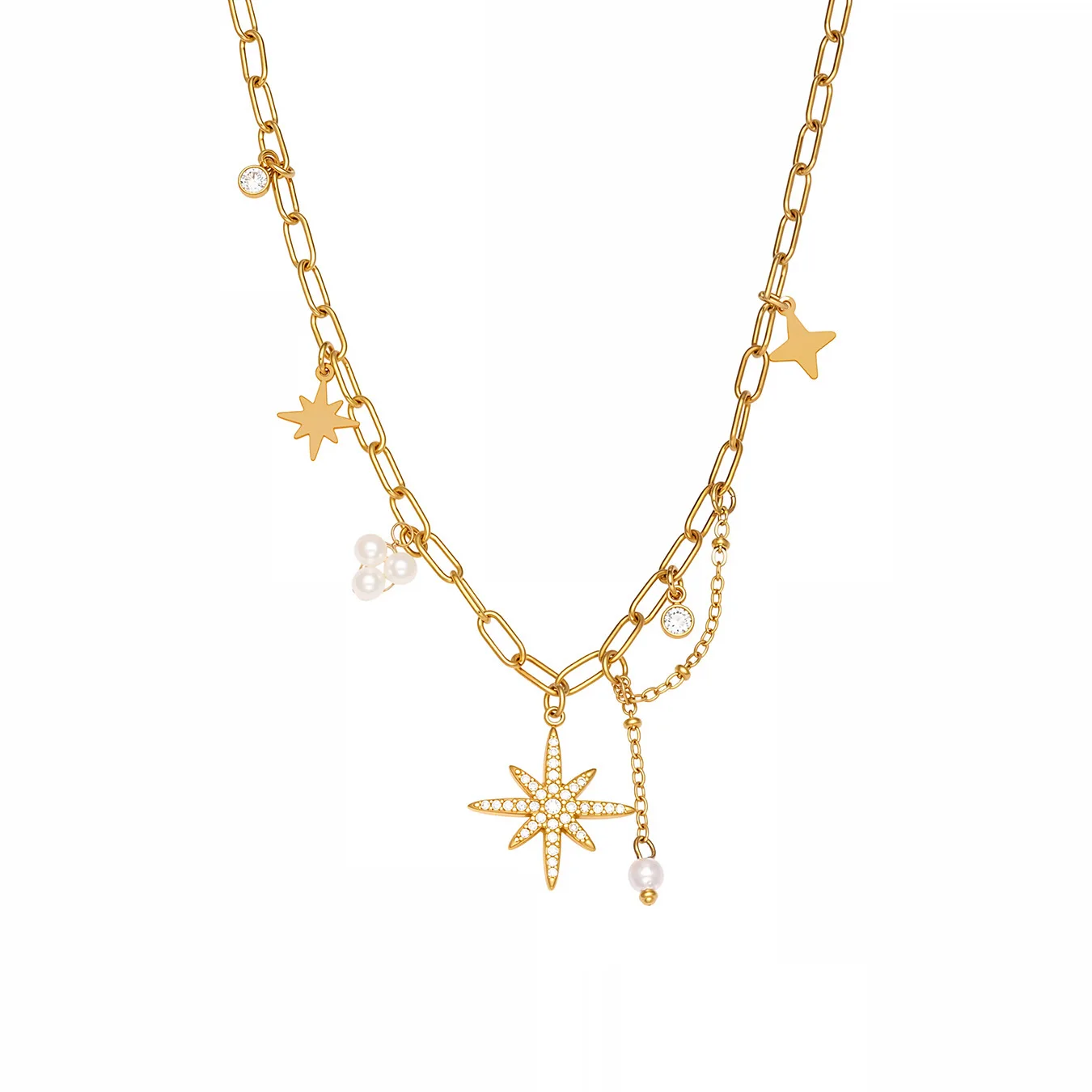 Wholesale Stainless Steel Octagon Star Pendant Choker Crystal Zircon Beaded Fringe Neckl