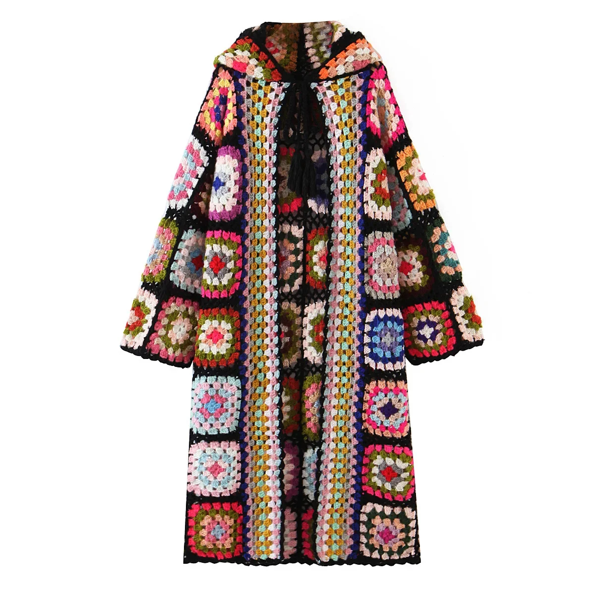 Spring Retro Knitted Crochet Hooded Cardigan Beach Long Coat Hollow Women's Knitted Sweater Cardigan