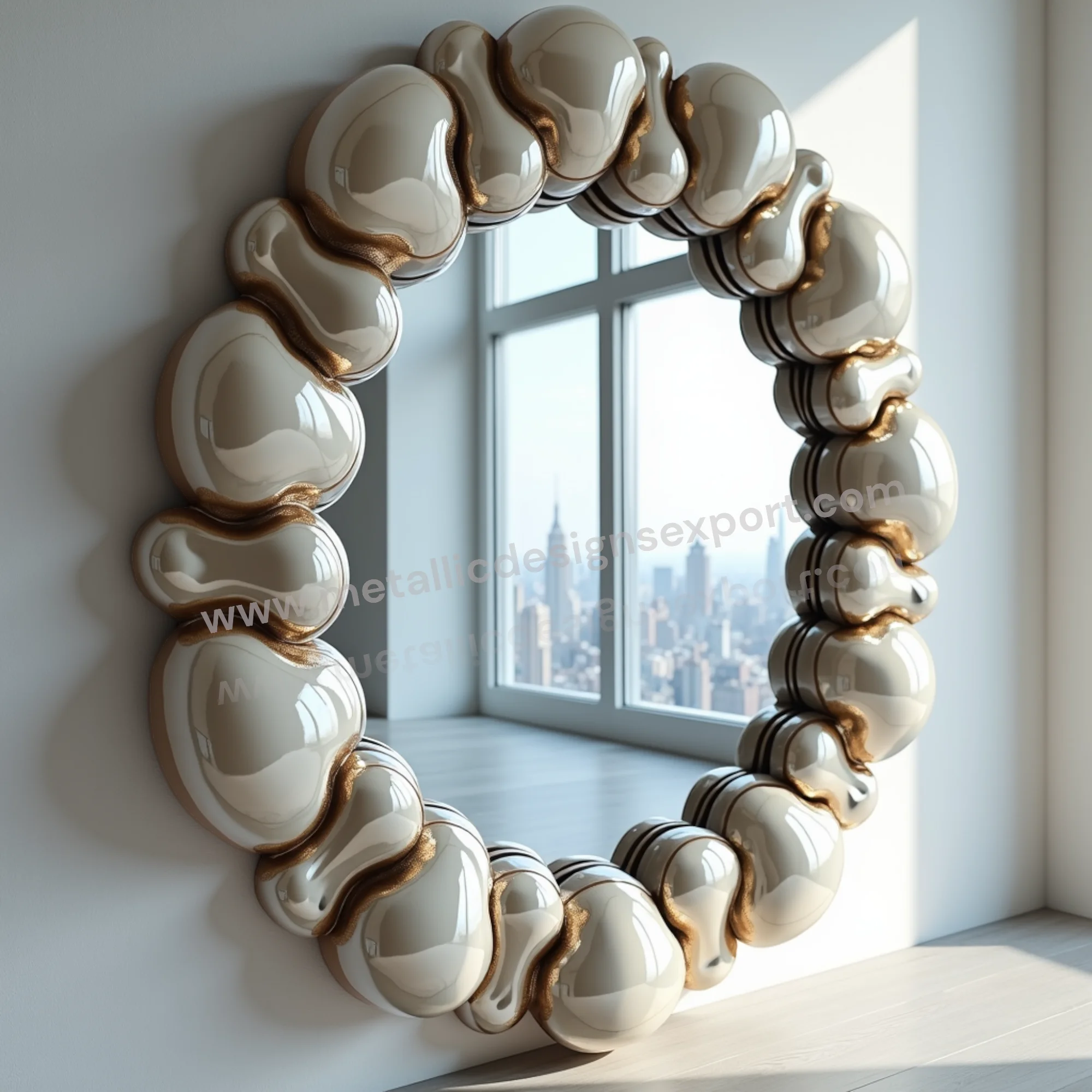 Luxury Abstract Round Mirror with Glossy Rippled Frame Modern Artistic Design Perfect for Chic Living Rooms Contemporary Spaces