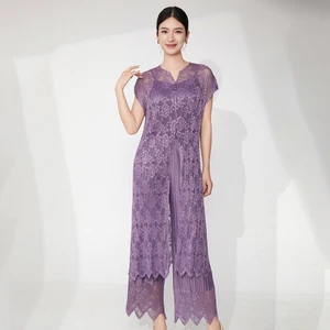 2025 Latest Design Summer Fashion Set for Women Lace Hollow Blouse Tops Straight Pants Pleated Two-piece Sets