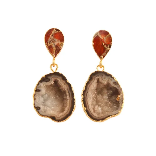 New Arrival Boho Design Natural Geode Druzy And Copper Orange Jade Earring Gold Electroplated