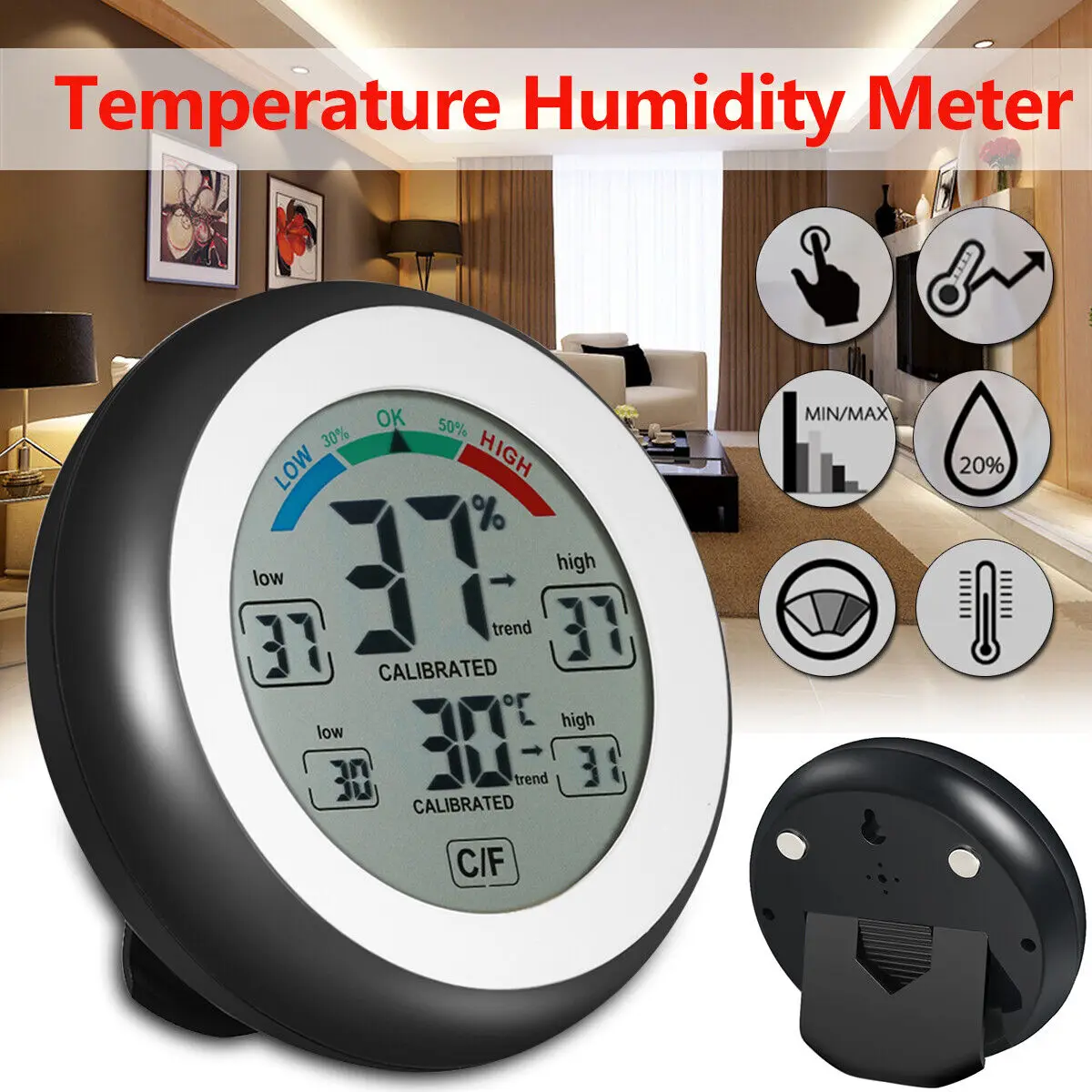 Mini LCD Max Min Value Trend Display Round LCD Electronic Touch Screen Monitor Digital Thermometer Hygrometer