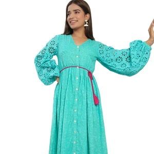 Tropical Blue Schiffli Dress With Long Sleeve Braided Belt Designer Indian Style High Quality Cotton Floral Available Big Size