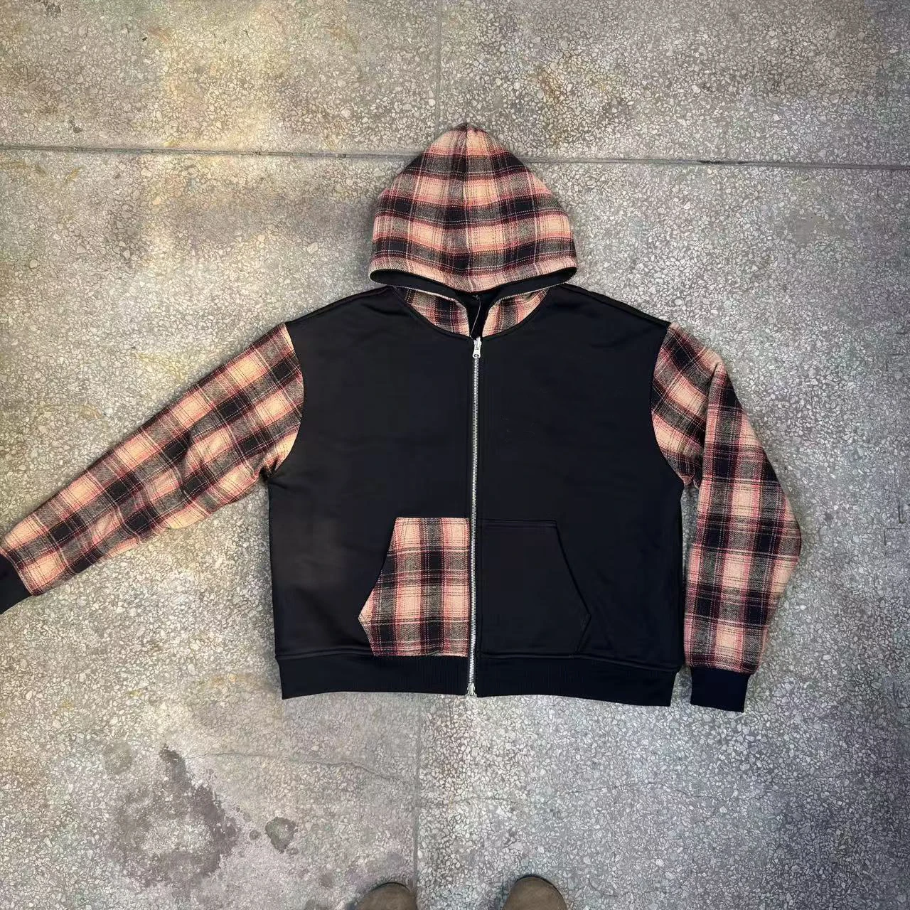 Clothing Manufacturers Custom French Terry 100% Cotton Plaid Patchwork Color Block Zip up Hoodie Jacket for Men gallery 2