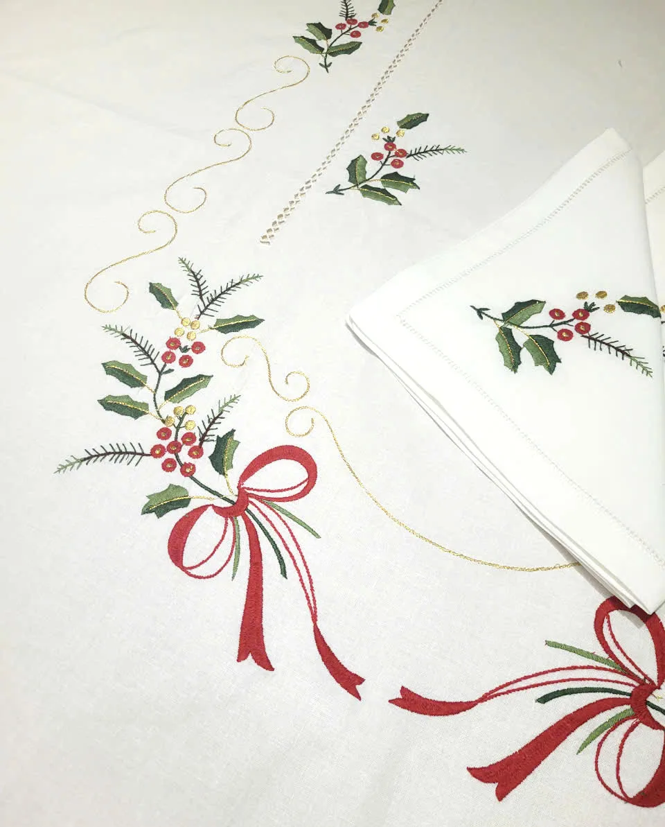 Custom Embroidered Holly and Red Bow Christmas White Cotton Tablecloth Hemstitch Tablecloth Home Hotel Restaurant Holidays Use