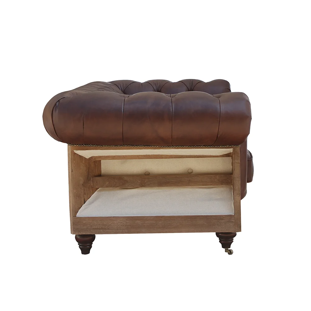 Rustic Tufted Rolled Arm Faux Leather Deconstructed Chesterfield Sofa Set Furniture