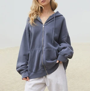 Premium Quality Winter Embroidered Washed Oversized Drop Shoulder Zip Hoodie Women Vintage Streetwear Custom Front Loose Fit