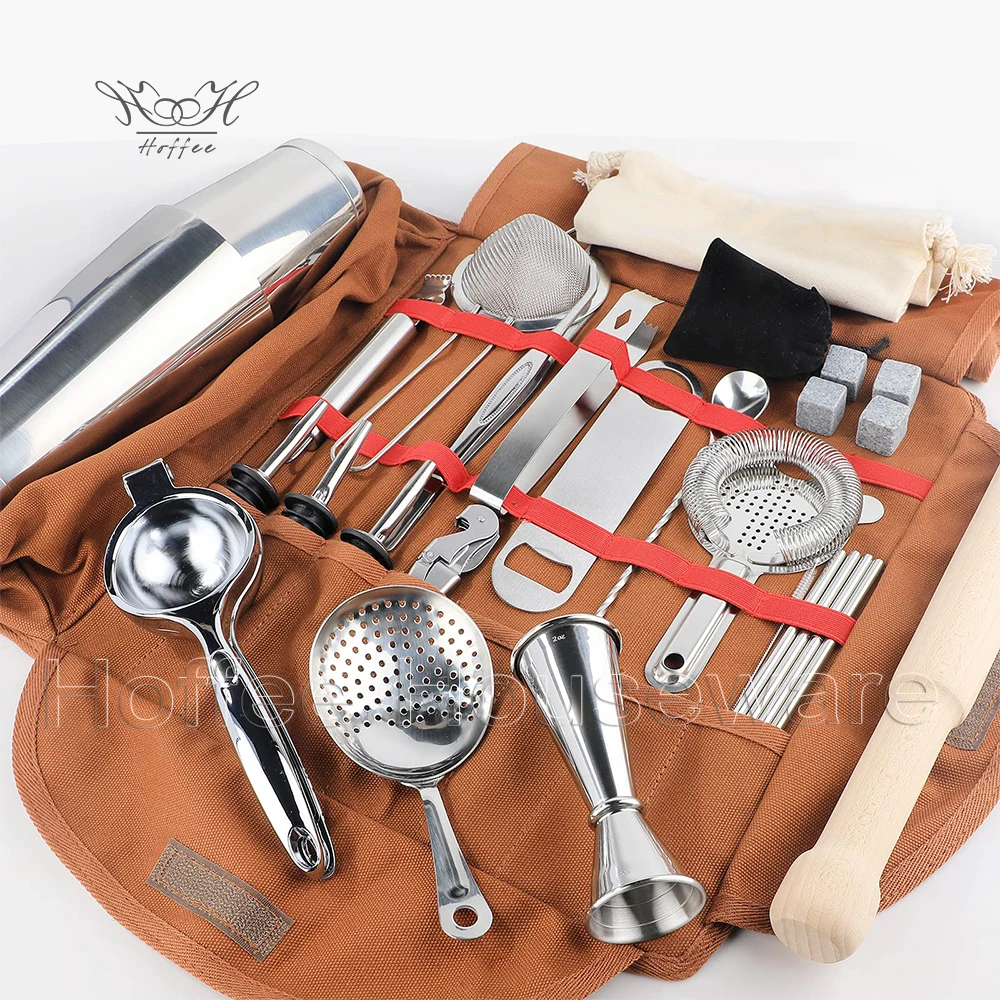 Custom Brown Black Portable Bartender Tool Set Professional Bar Kit