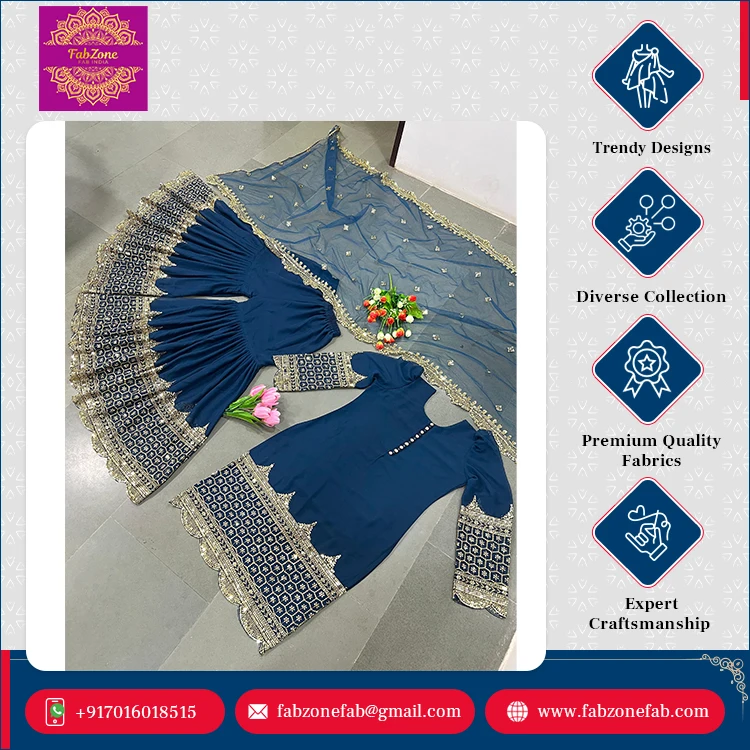 Latest New Collection Women's Indian Pakistani Wedding Wear Full Sleeve Faux Georgette Kurti Sharara Palazzo Dupatta Set Full