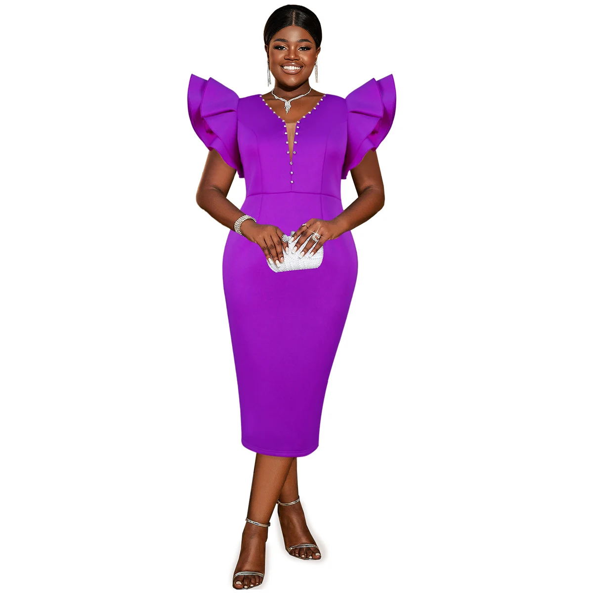 Alibaba.com: Purple AM031205 Midi Dress, Knee-Length, Deep V Neck with  Beading for Cocktail Parties : In-stock items with custom label options  available.