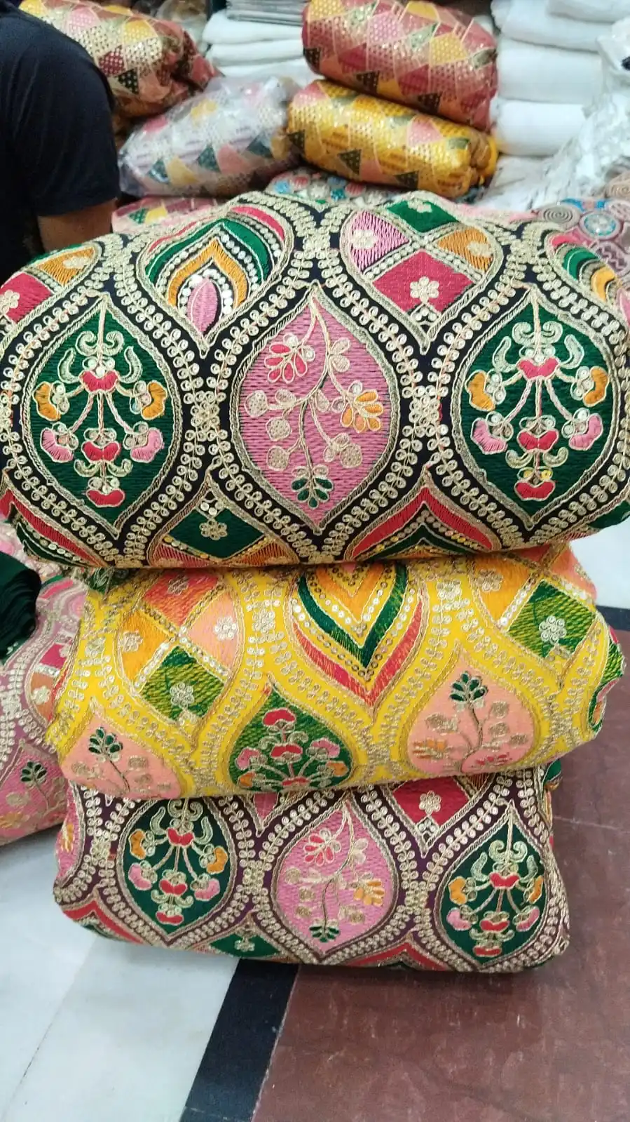 Custom Made Embroidered Fabrics with Mirror Work and Colorful  Indian Theme Embroidery  Ideal for Dress Designers for Resale