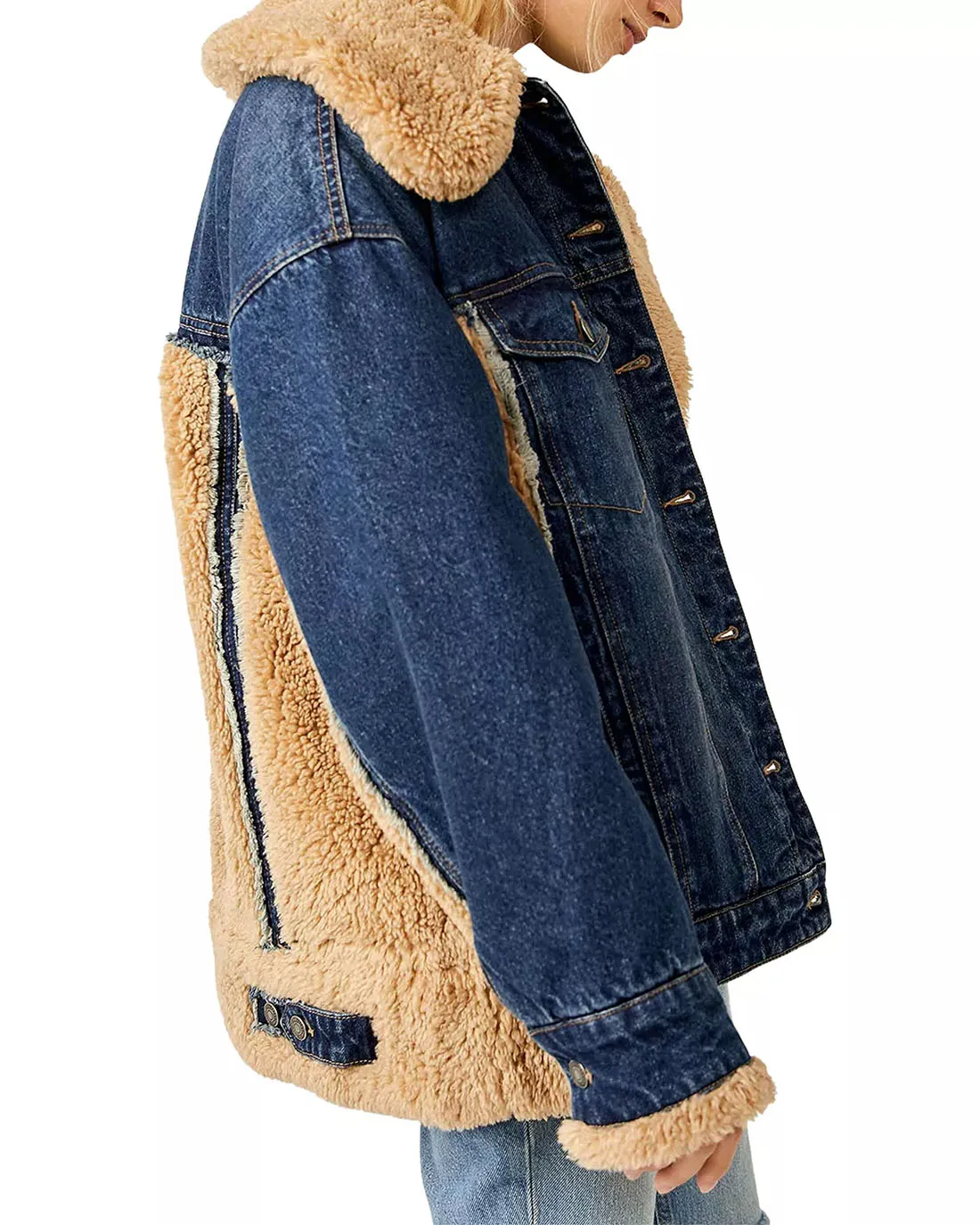 Custom Faux Fur Collar Fashion Ladies Denim Jacket Baggy Style Warm Mixed Media Women Jackets