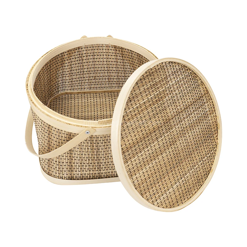 New Product Woven Bamboo Picnic Basket Suitcase Shape With Lid And