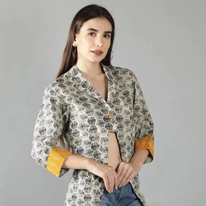Women's Summer Casual Fashion Crop Shirt White Geometric Printed Signal Yellow Sleeves Woven Relaxed Fit Work Featuring Patterns