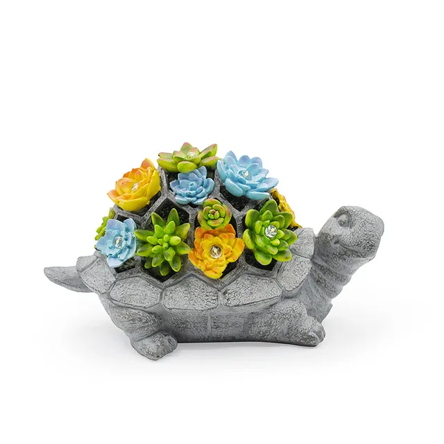 GO08 Outdoor Solar Turtle Statue - Resin Animal Garden Ornament with Succulent Light for Yard, Lawn, Patio Decoration