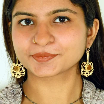 Handcrafted Rough Stone Citrine Earrings, Gold Vermeil Brass Gemstone Jewelry Wholesale Supplier Unique Gift For Women