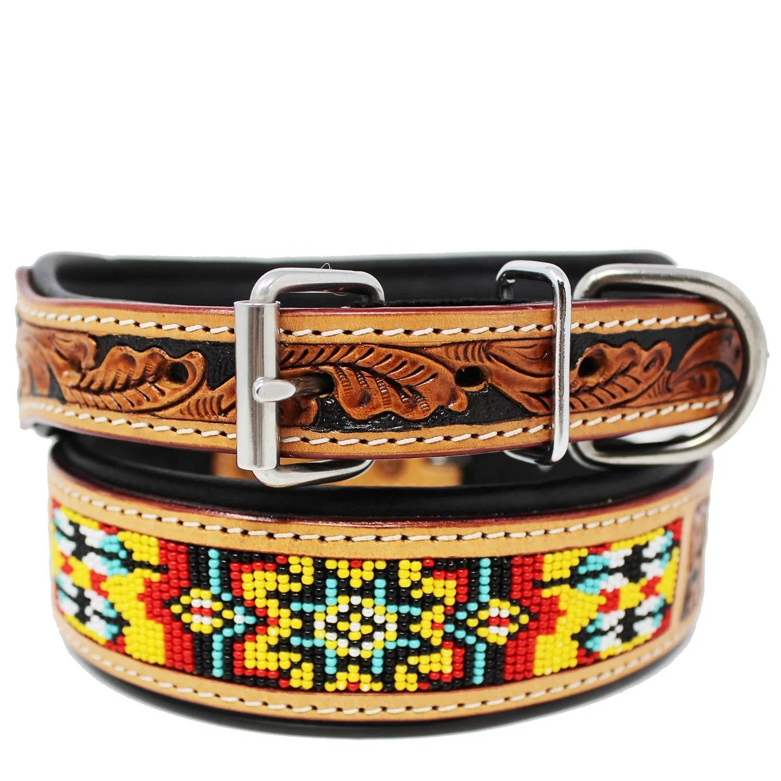 Soft Padded Cow Leather Beaded Dog Collar With Hand Tooling & Carving